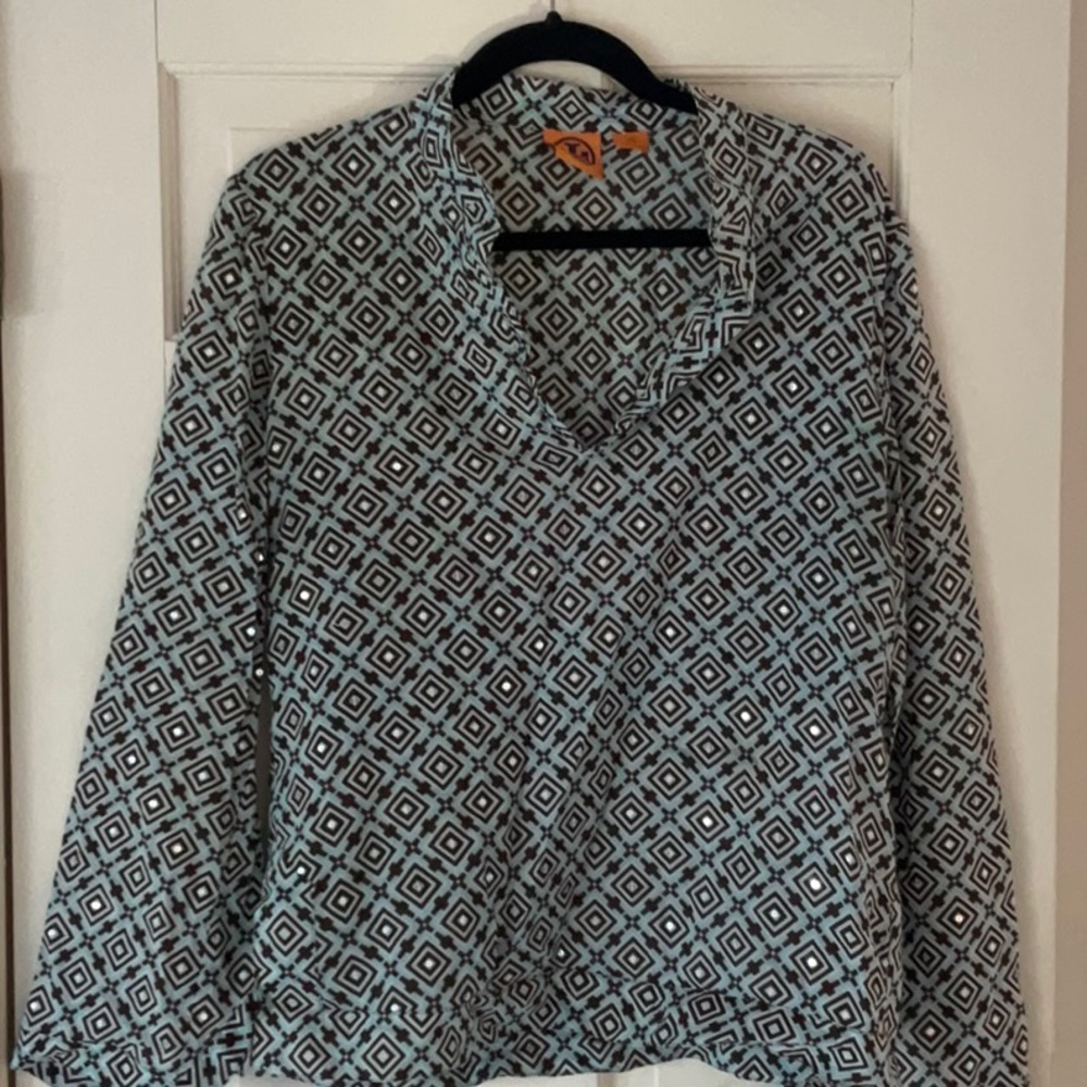 TORY BURCH COTTON TUNIC embellished sequins 12 med large black turquoise white